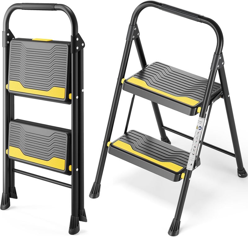 Urackify 2 Step Ladder, Heavy-Duty Pass 800lb Capacity Test, Wide Anti-Slip Steps & Secure Handrail Compact, Folding Step Stool Portable Design for Home, Kitchen, Office, Pantry, Closet Use, Black - Image 1